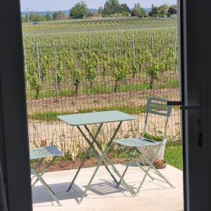 a table and two chairs in front of a vineyard at Pause 24 in Saint-Laurent-des-Vignes
