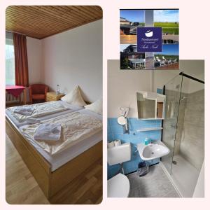 two pictures of a hotel room with a bed and a sink at NordseeResort Hotel & Suite Arche Noah in Horumersiel