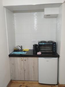 eine kleine Küche mit Mikrowelle und Spüle in der Unterkunft Departamento Pleno Centro in San Salvador de Jujuy