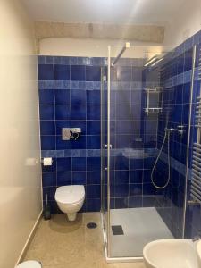 a blue tiled bathroom with a toilet and a shower at Alle volte… in Bisceglie +13 photos