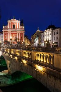 eine Brücke über einen Fluss in einer Stadt nachts in der Unterkunft Little Plaza City Centre in Ljubljana