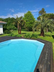 a blue swimming pool with a wooden deck at Le spot Landais - Côté piscine in Soustons