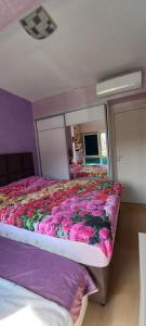 a bedroom with two beds and a large mirror at LoreHan apartman 2 in Becici