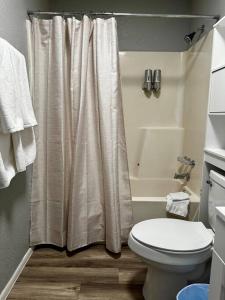 La salle de bains est pourvue d'un rideau de douche et de toilettes. dans l'établissement Modern Stay 7, à Eagle Pass