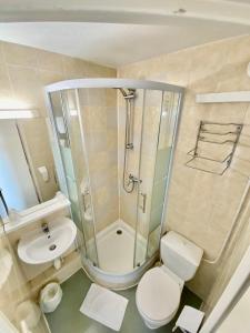 ein Bad mit einer Dusche, einem WC und einem Waschbecken in der Unterkunft L'Escale d'Alès HOTEL in Alès