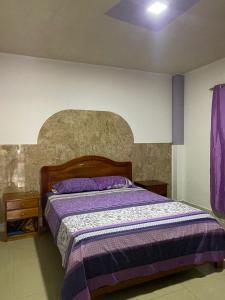 Casa en san Cristobal في بويرتو بكويريزو مورينو: غرفة نوم مع سرير مع لحاف أرجواني
