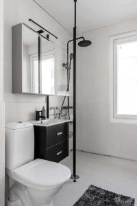 a bathroom with a toilet and a sink and a mirror at Lux Eight, 2-Bedroom City Centrum in Turku