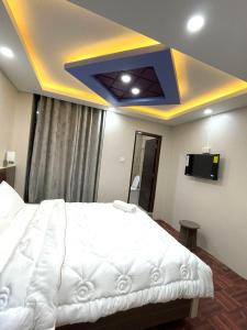 1 Schlafzimmer mit einem weißen Bett und einem TV in der Unterkunft Applewood Inn in Kathmandu