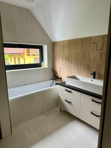 a bathroom with a sink and a bath tub at Vila Valkov in Bžany +11 photos