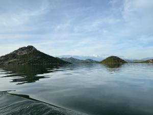 a view of a large body of water with mountains at Apartment Konoba Ulicevic in Vranjina