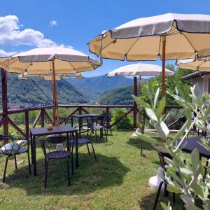 un grupo de mesas y sillas con sombrillas en Agriturismo Tenuta La Fratta, en Bagni di Lucca