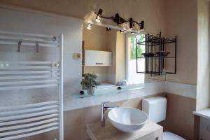 a bathroom with a sink and a toilet and a mirror at Riverview Residence - with parking in Ljubljana