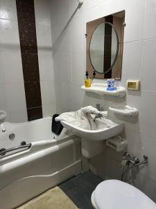 La salle de bains est pourvue d'un lavabo, de toilettes et d'un miroir. dans l'établissement Coquette appart de plage, à Hammam Sousse