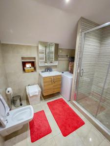 a bathroom with a shower and a sink and a toilet at or'o apartments in Žabljak