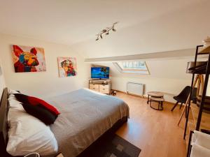 1 dormitorio con 1 cama y TV en Au Roch' Han en Han-sur-Lesse