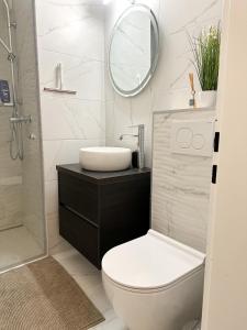 a bathroom with a toilet and a sink and a mirror at Studio magnifique avec terrasse spacieuse et jardin Loèche-les-Bains Vacances in Leukerbad