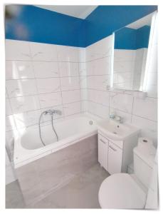 uma casa de banho branca com uma banheira e um WC em SouvenirAppart Sniadeckich 45 em Bydgoszcz
