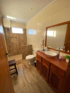 bagno con servizi igienici, lavandino e specchio di El Lirio a Artigas