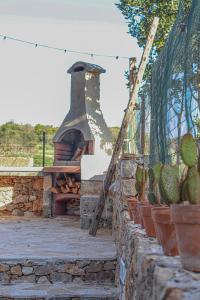 un mur en pierre avec un four extérieur et un cactus dans l'établissement Villetta Munti Leuca, à Leuca