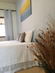 a room with a table with pillows and a plant at Pousada Recanto Rainha do Lago in Capitólio