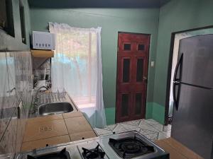 a kitchen with a sink and a refrigerator and a window at Casa #6 cabinas san gerardo in San José