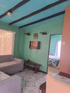 a living room with a couch and a mirror at Casa #6 cabinas san gerardo in San José