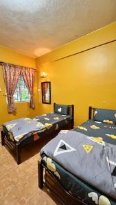 Duas camas num quarto com paredes amarelas em Country house Pulai Holiday Village em Gua Musang