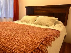 a bedroom with a bed with a wooden headboard at Casa Di Patti in Santiago