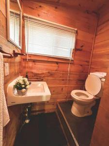 a wooden bathroom with a toilet and a sink at Muskoka Escape in Port Carling
