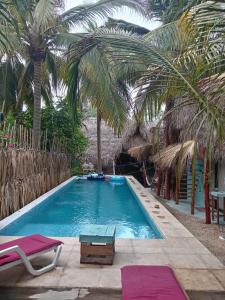 a swimming pool with palm trees and two chairs at El Puente in El Paredón Buena Vista