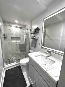 a bathroom with a shower and a sink and a toilet at Modern cozy with pool and big backyard in Tampa