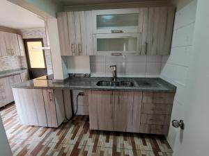 a kitchen with a sink and wooden cabinets at Pieza doble con baño privado sector residencial in Concepción