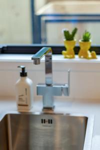 a kitchen sink with a soap dispenser on it at Sunsoaked seaside 1 bedroom 1 bath in Christchurch