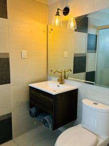een badkamer met een wastafel, een toilet en een spiegel bij Hotel Boutique Casona los Pavorreales in Durango