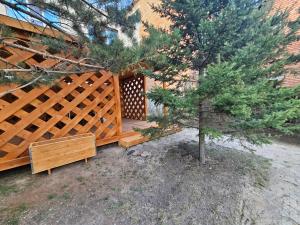 a pine tree next to a wooden fence at Moncozy guesthouse in Ulaanbaatar