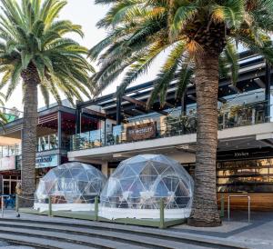 two domes in front of a building with palm trees at Belle Escapes - Glenelg Cottage by the Marina in Glenelg