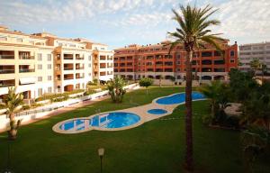 a resort with two swimming pools and a palm tree at Ático de Jardines in Denia