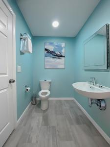 South Hadley的住宿－格蘭比汽車旅館，蓝色的浴室设有卫生间和水槽