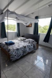 una camera da letto con un letto a baldacchino di Gray Coconut Sorbet, T3 tout équipé avec parking gratuit a Le Moule