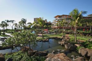 拉海纳Ocean View One Bedroom at Honua Kai!!的有池塘、岩石和棕榈树的度假村
