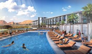 a rendering of a resort swimming pool with people sitting in chairs at Black Desert Resort in Ivins