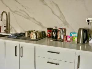 - un comptoir de cuisine avec une cafetière et des appareils électroménagers dans l'établissement Murphys Guest Home, à Auckland