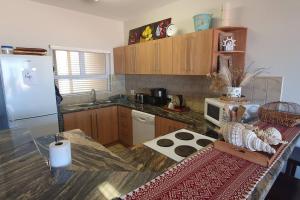 a kitchen with a counter with a refrigerator and a stove at Sunset View 10 @ Langstrand in Langstrand