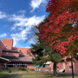 a building with a red tree in front of it at Asoviva Nagano Park in Nagano