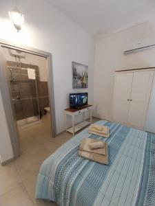 a bedroom with a bed with a television and a bathroom at On the road in Telti