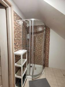 La salle de bains est pourvue d'une douche et d'une cabine de verre. dans l'établissement Stara Stolarnia, à Ruciane-Nida