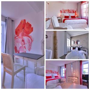 a collage of four pictures of a bedroom at Le Talluy in Taluyers