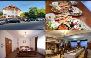 a collage of pictures of a hotel with a table with food at Pensiunea Casa Mariuca in Văleni