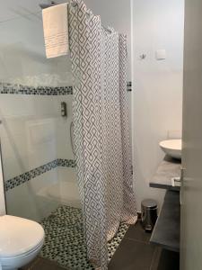 a bathroom with a shower curtain and a toilet at LOGIS HOTELS - Hôtel et Restaurant L'Océana in Lanton