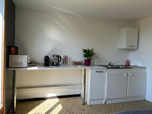 uma cozinha branca com um balcão e um micro-ondas em Le perchoir nocturne em Payré-sur-Vendée